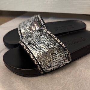 PINK Victoria's Secret Black and Silver Sequin Sandals